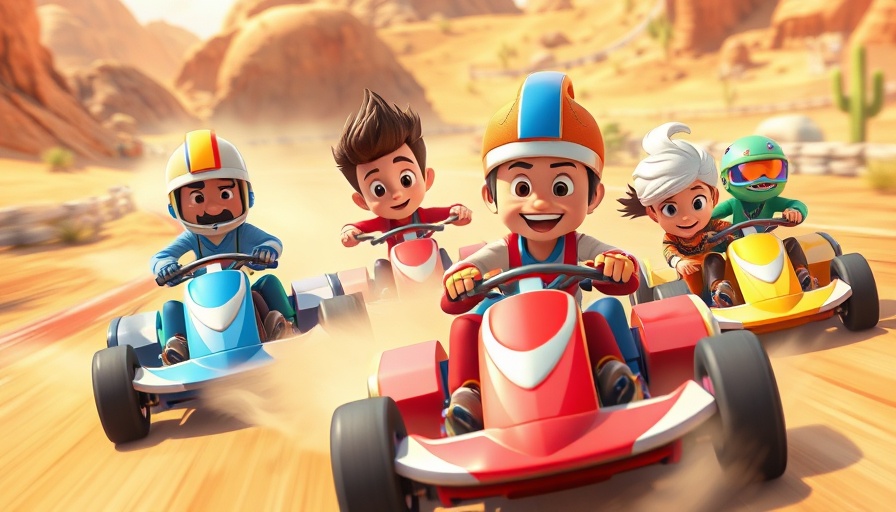 Mario Kart World character expansion with animated racers on desert track.
