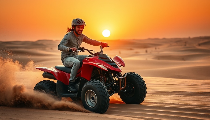ATV rider kicks up sand at sunset, showcasing adventure and excitement.