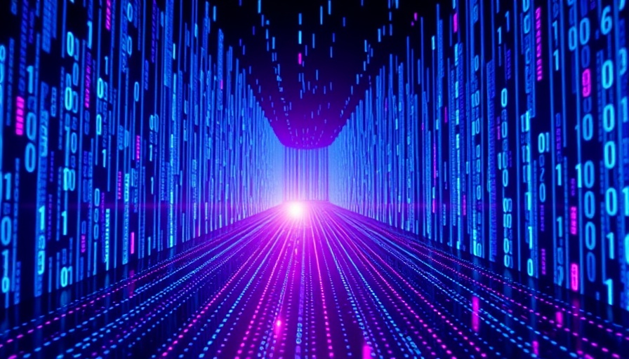 Futuristic digital pattern with binary code and neon glow.