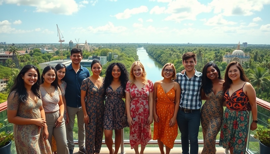 Group of people on rooftop, vibrant background, smiling team