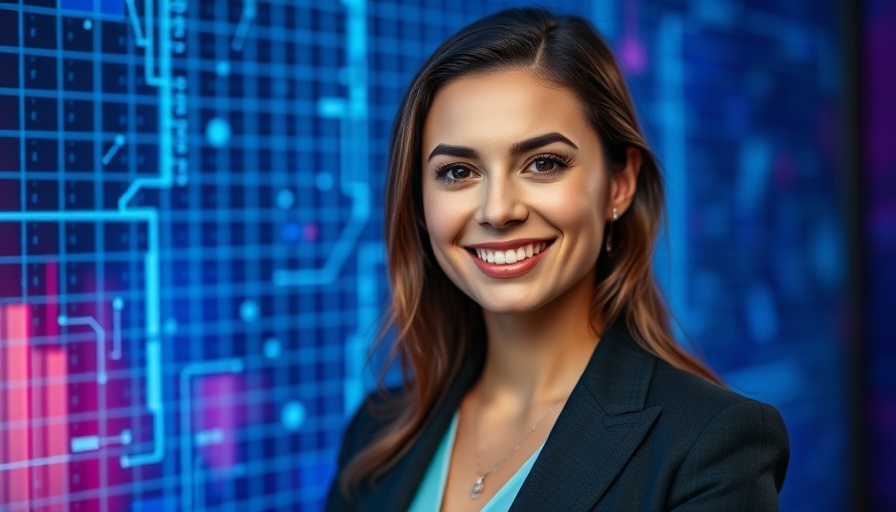 Confident woman in technology, blue grid background, strong technology architecture.