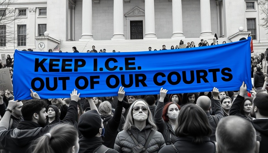 Protest against ICE courthouse raids with bold blue banner.