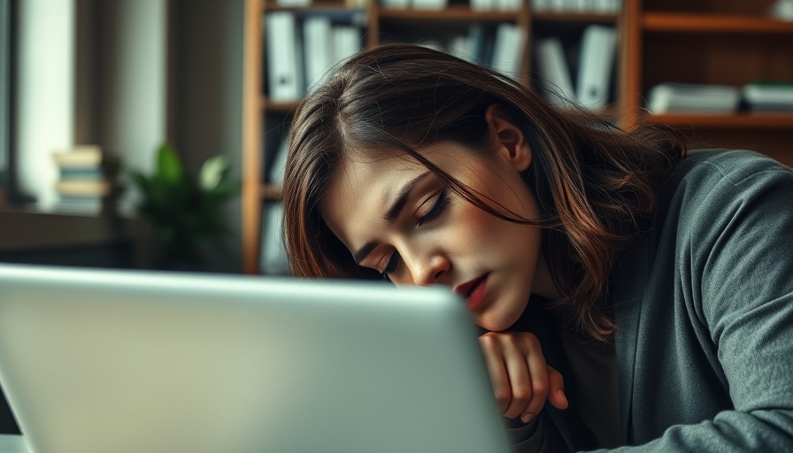 Exhausted woman in office reflecting 7-day work weeks controversy.