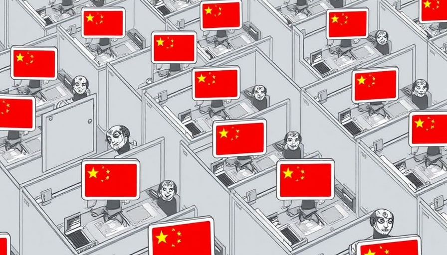 Illustration of AI agents in cubicles with Chinese flags, AI agent boom in China.