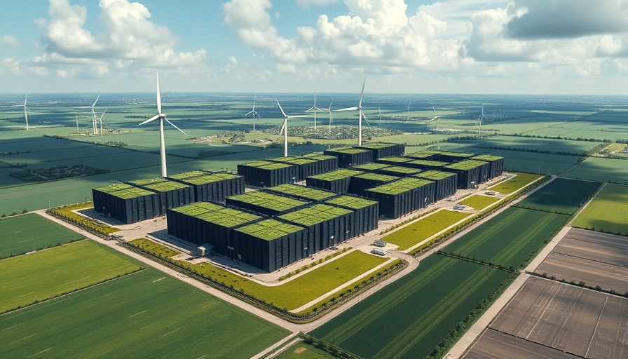 Aerial view of a data center complex with wind turbines and green rooftops, showcasing sustainable energy use.