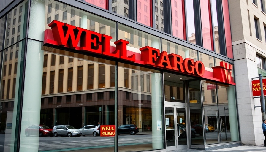Wells Fargo building exterior showcasing new signage, urban setting.