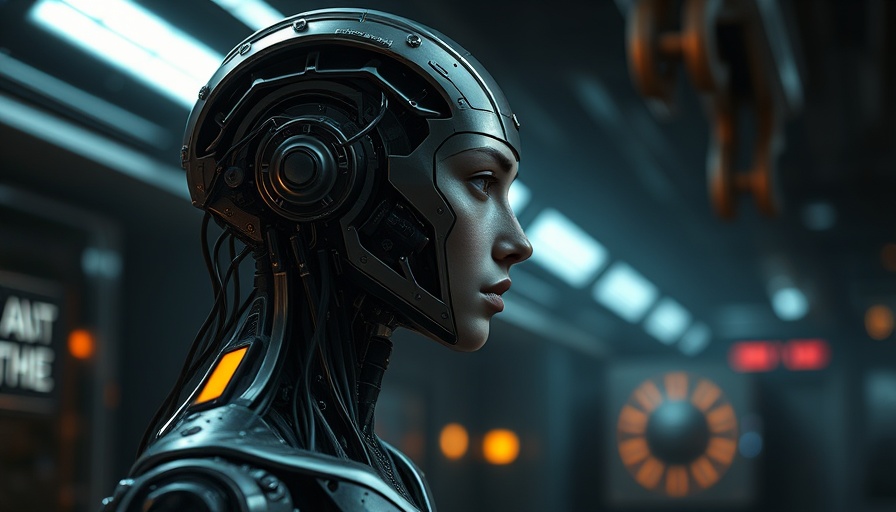 Futuristic humanoid AI with mechanical features in a sci-fi setting.