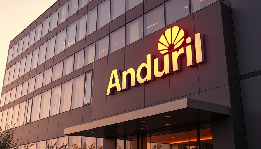 Anduril building with sunset reflecting on logo.