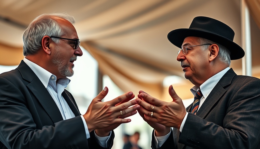 Two men animatedly discussing, under a tent, contrasting attire.