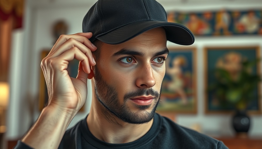 Pensive individual adjusting cap in vibrant room.