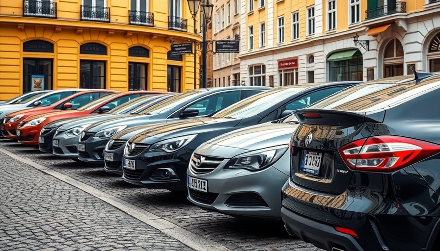 Line of diverse cars emphasizing nonprime auto financing options in a city setting.