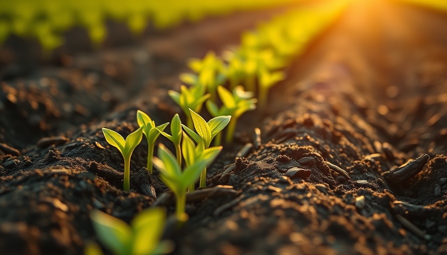 Young green seedlings emerging from soil in morning light.