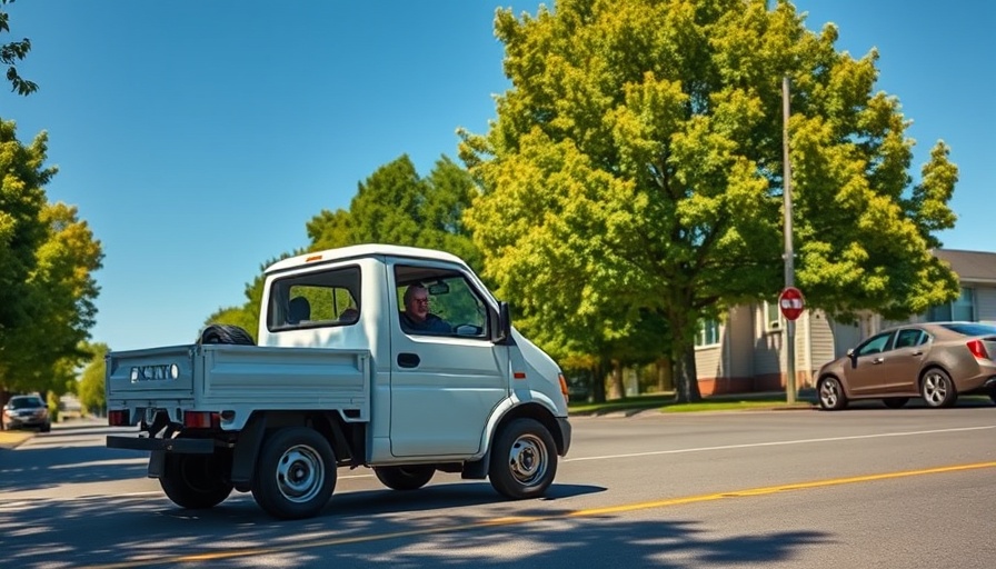 Oregon kei truck parked on street with occupants inside, lush background.