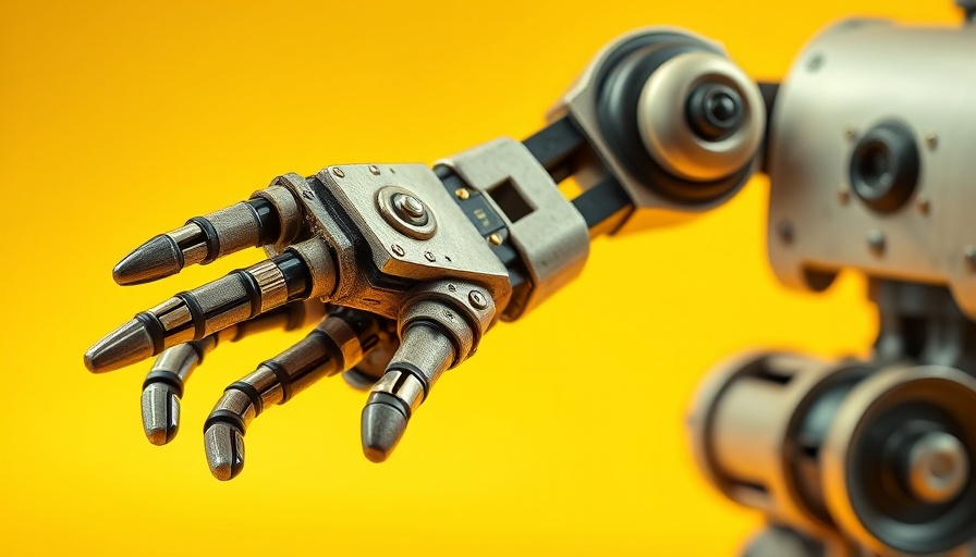 Vintage robotic arm with levers on yellow background, importance of AM radio.