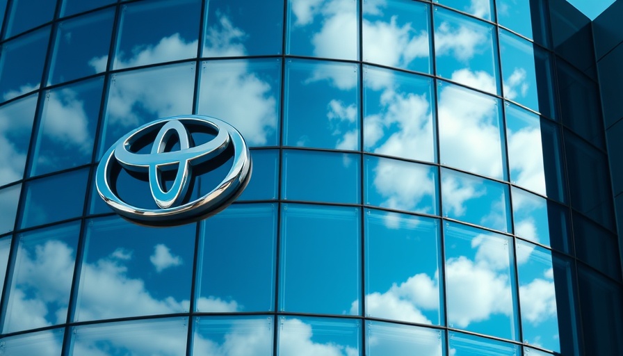 Toyota logo on a glass building reflecting the sky.