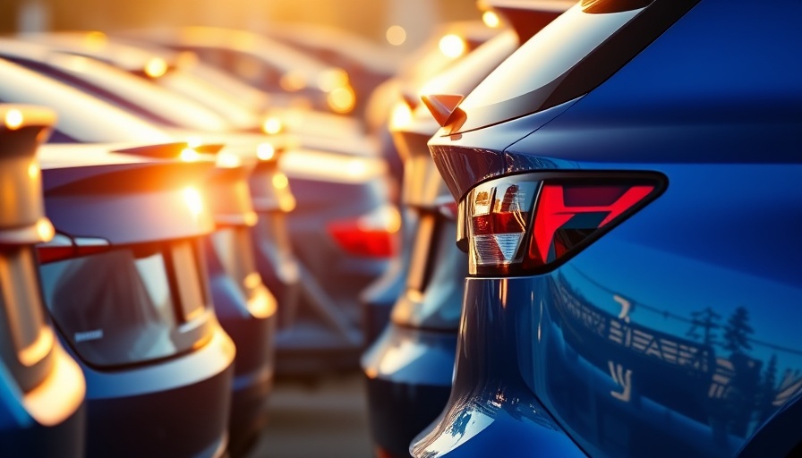 Aligned blue cars reflecting sunlight in dealership lot for Bank of America Car Wars Report.
