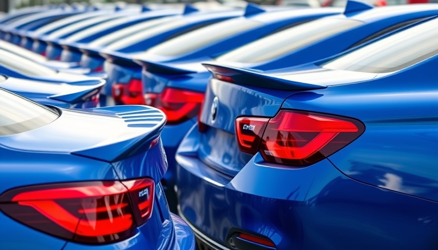 Row of blue cars in dealership lot highlighting used car financing rates.