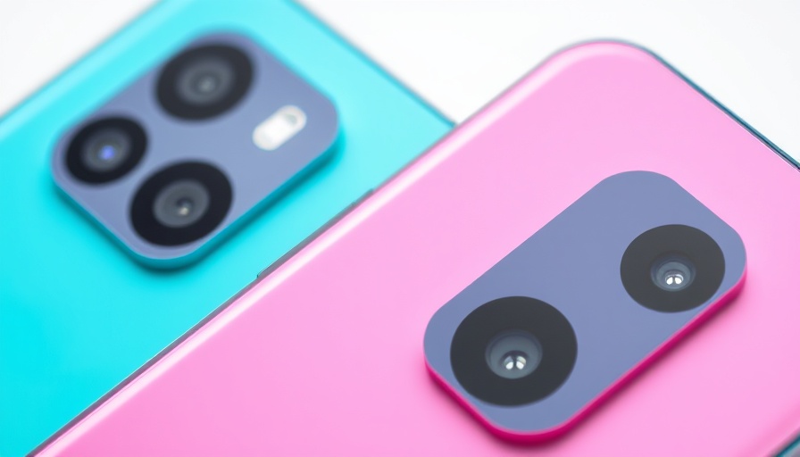 Vibrant pink and turquoise smartphones showing dual cameras, iPhone models compatible with iOS 26.