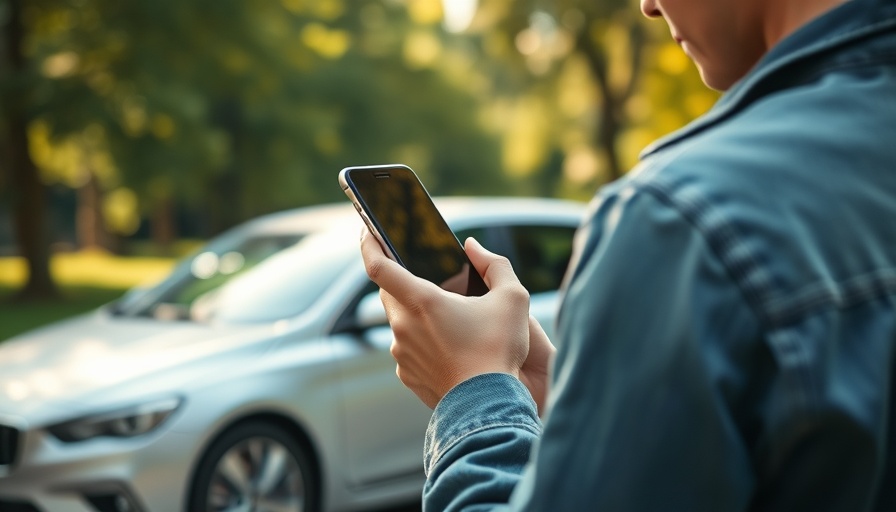 Person using smartphone near car, focus on mobile service dealerships revenue growth.
