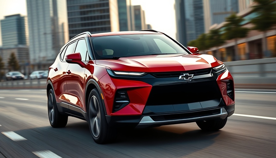 Sleek red 2026 Chevrolet Blazer EV in an urban setting, front view
