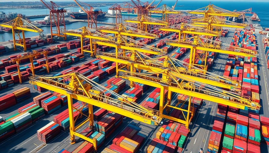 Aerial view of shipping yard showcasing logistics and automation.
