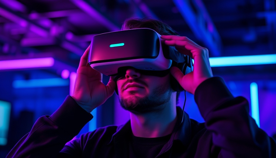 Man in VR headset adjusting it, purple and blue lighting, dark background.