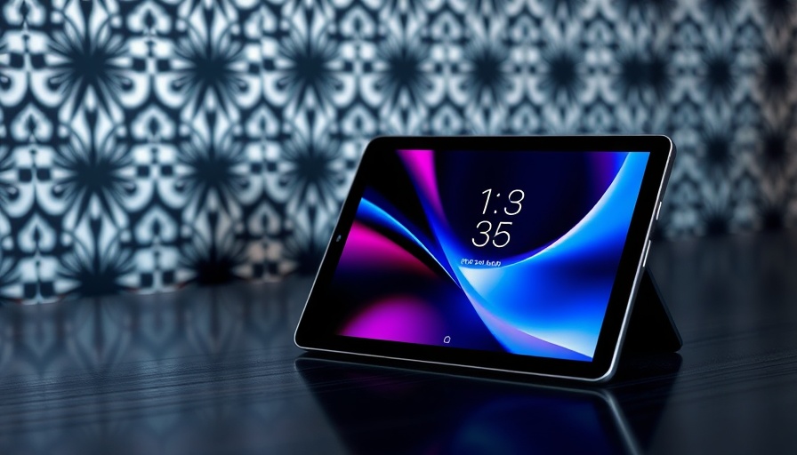 Modern tablet on desk with artistic wall background, AI-powered translation.