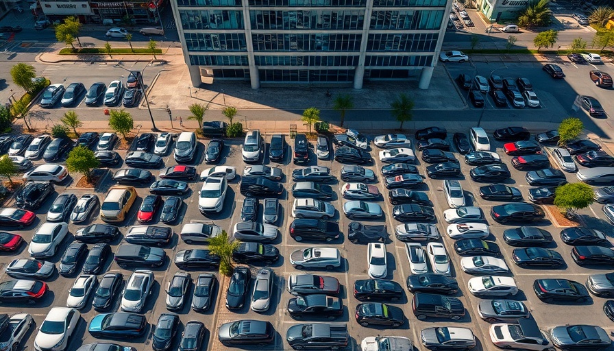 Aerial view of crowded parking lot in urban area with diverse cars, FICO scores drop due to student loans.