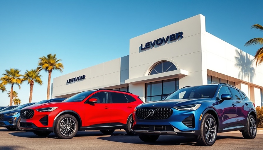 Modern dealership exterior with parked SUVs and clear sky.