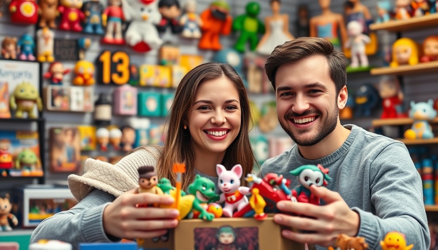 Live streaming toy unboxing by a smiling couple in a colorful store.
