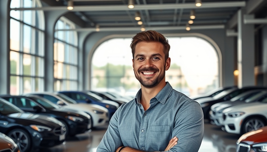 Smiling man in a car dealership with used cars, used car financing rates