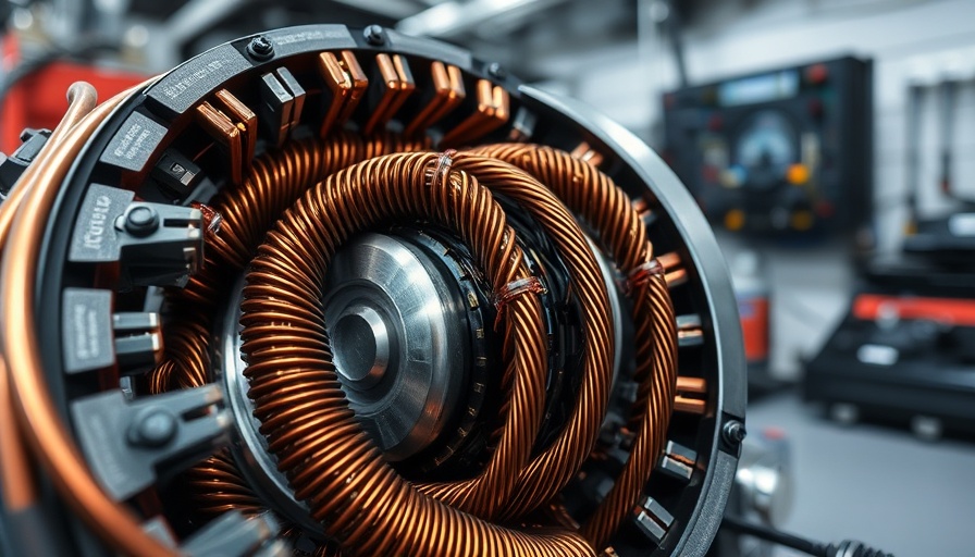 Close-up of high voltage e-motor materials with coils and wiring.