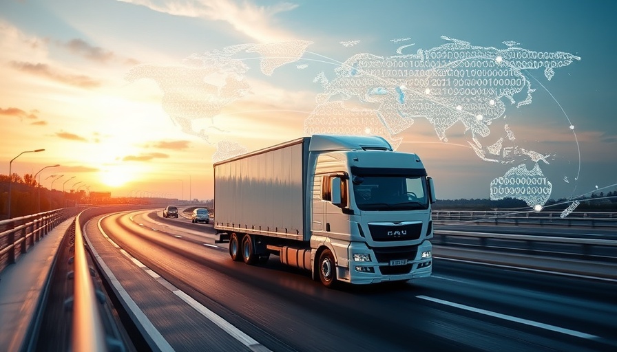 Truck on highway with global network overlay, illustrating supply chain disruptions.