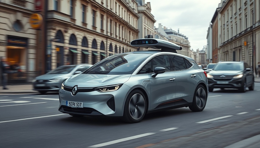 Futuristic self-driving vehicle in the UK navigating city streets.