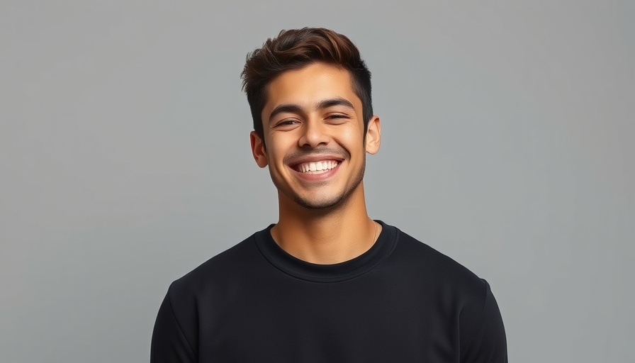 Smiling man in a black shirt and neutral background.