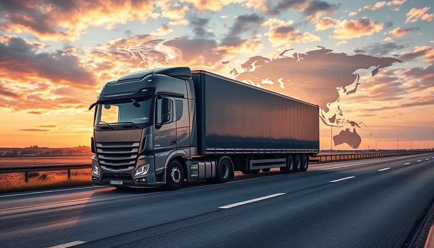 Cargo truck on highway with world map overlay, illustrating supply chain.