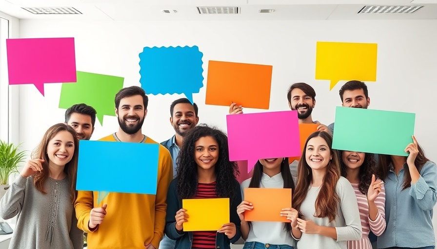 Diverse group holding speech bubbles, Amplify Your Speaking Power.