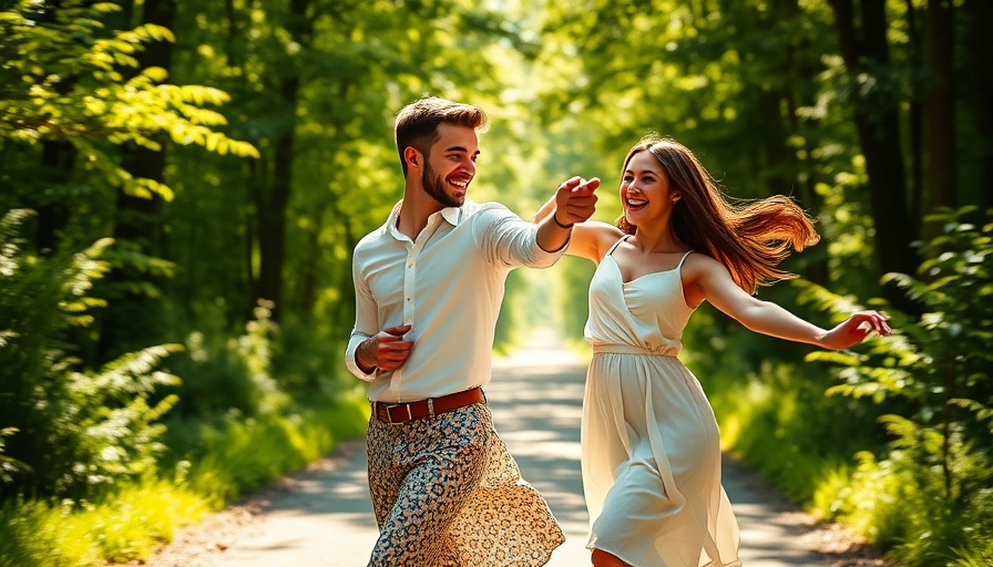 Joyful couple dancing in forest, symbolizing open communication.