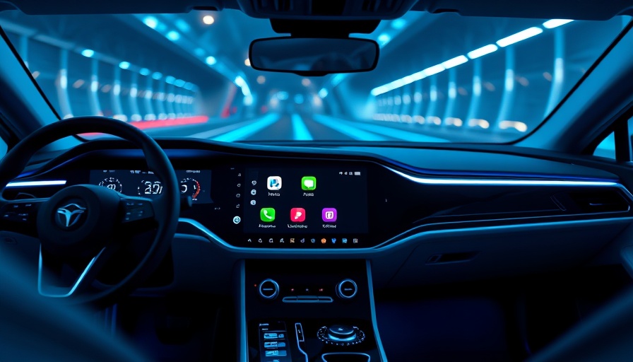 Futuristic car interior with Apple CarPlay update 2026 on dashboard.
