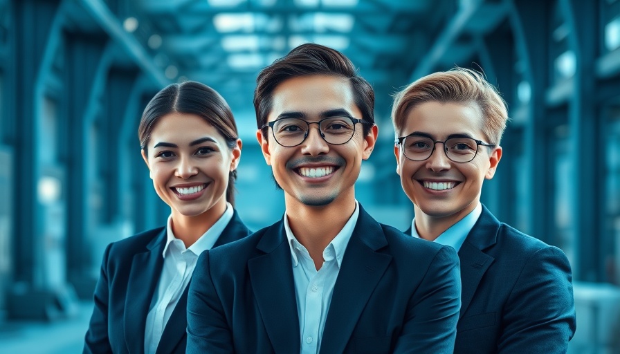 Collage of three professionals smiling, with focus on AI-driven transformation strategies.