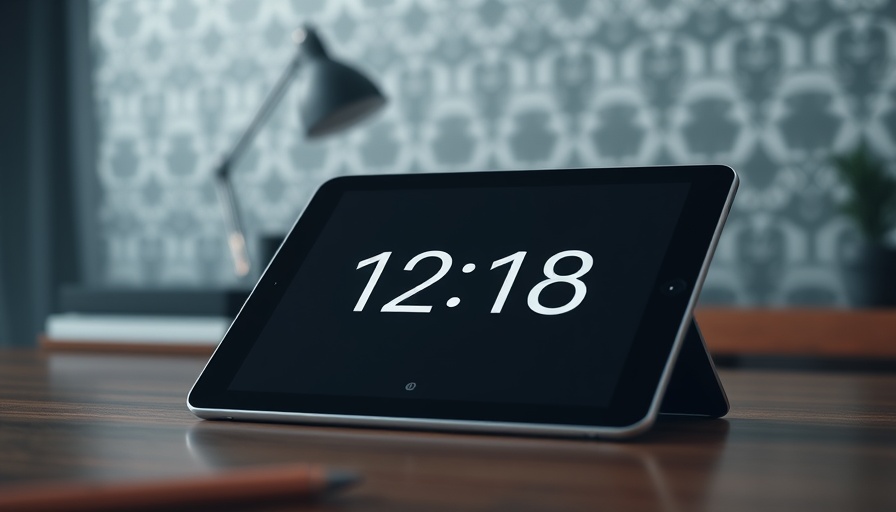 iPad on desk showing time with a modern backdrop, Live Translation for iPhone context.