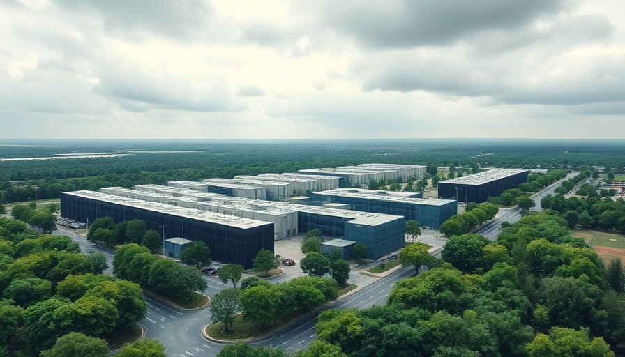 Data center building amidst greenery, cloudy skyline.