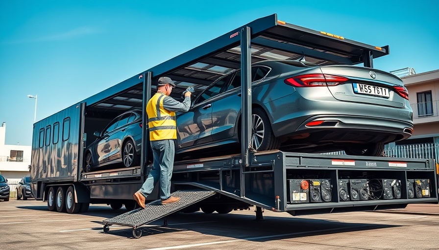 Worker securing cars on auto transport trailer before modern car vending machine, automotive financing trends.