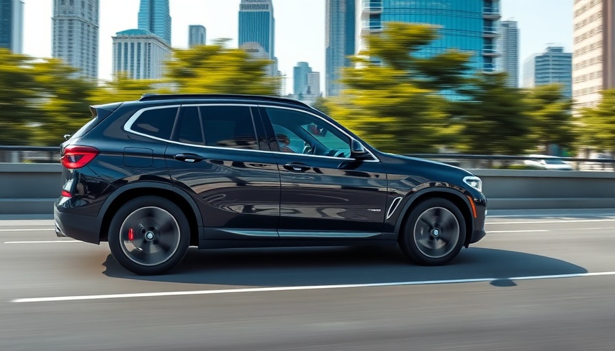 BMW iX3 cruising in urban cityscape, showcasing electric driving experience.