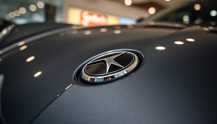 Close-up of car emblem reflecting showroom lights.