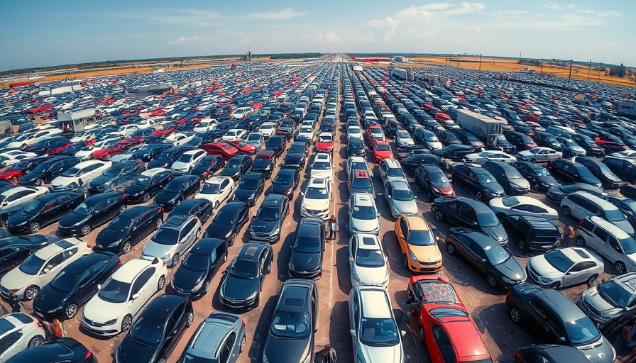 Expansive used car lot with various vehicles and people, highlighting used car financing rates.