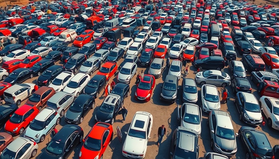 Aerial view of a large used car market, illustrating vehicle trends.