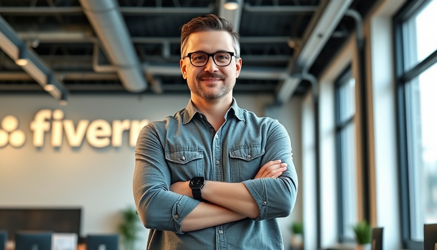 Confident professional in modern office with Fiverr logo reflecting AI job transformation.