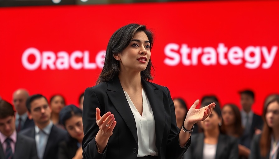 Confident woman discussing Oracle Cloud Growth at business event.
