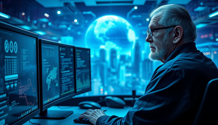 Security guard monitoring digital cityscape in a futuristic setting.